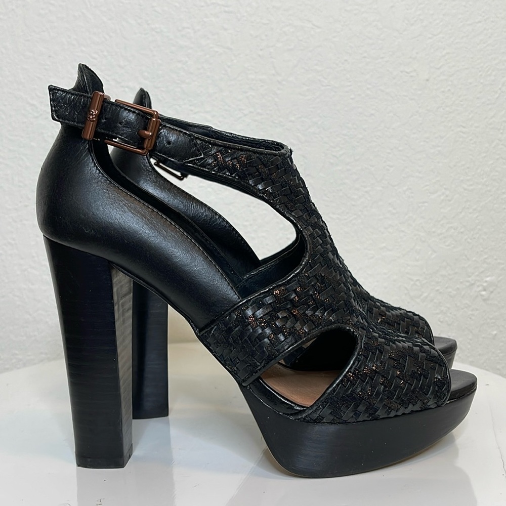 ELLIOTT LUCCA BERNADETTE BLACK WOVEN LEATHER PEEP TOE PLATFORM HEELS **NWOT** - Picture 5 of 16